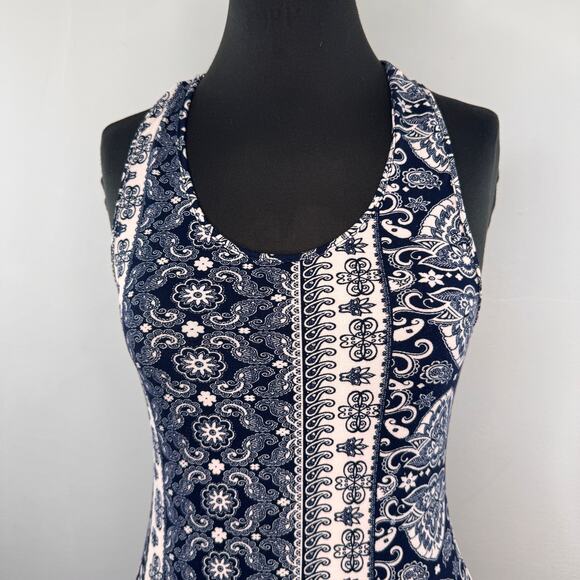 Hot Kiss Navy White Maxi Tank Dress Paisley Stretch Scoop Neck Size Medium M - Picture 2 of 4